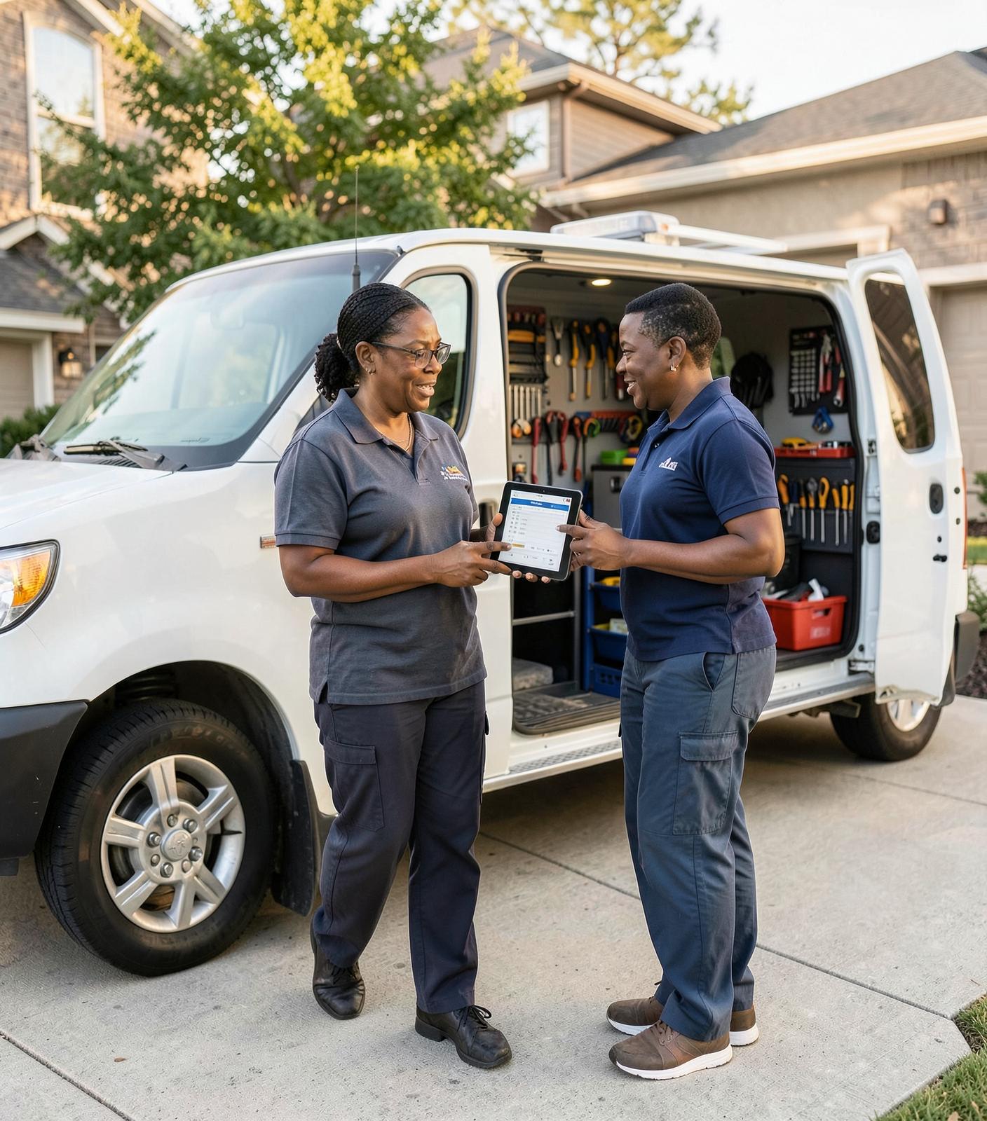 An HVAC business owner reviewing the job schedule with a team member beside their service van