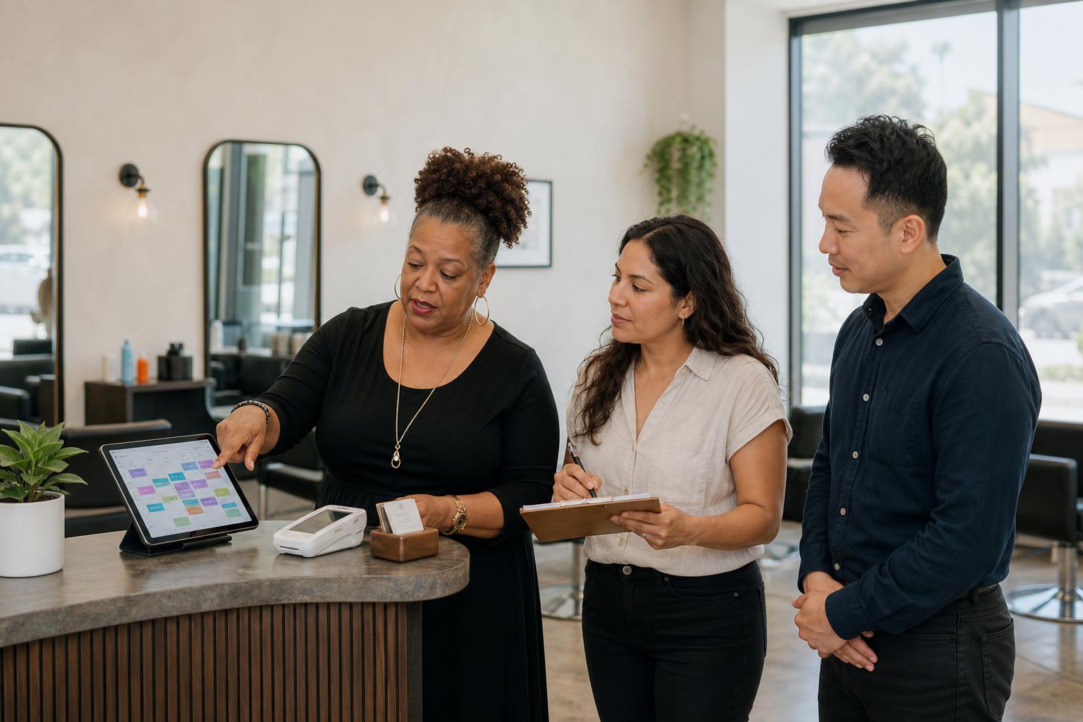 A salon owner leads a scheduling system rollout with an employee and consultant