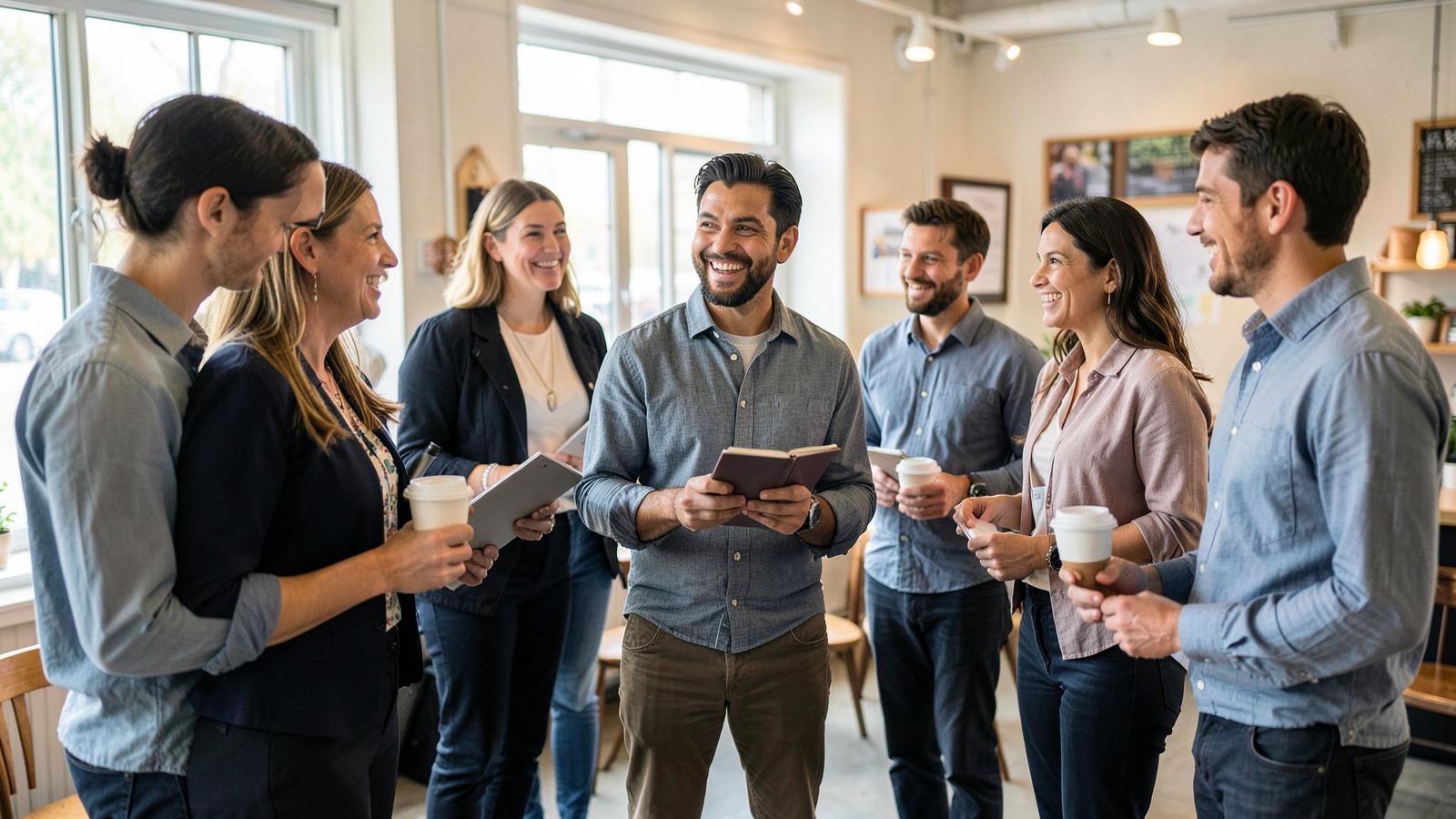A group of local small-business owners talking together at a community networking event