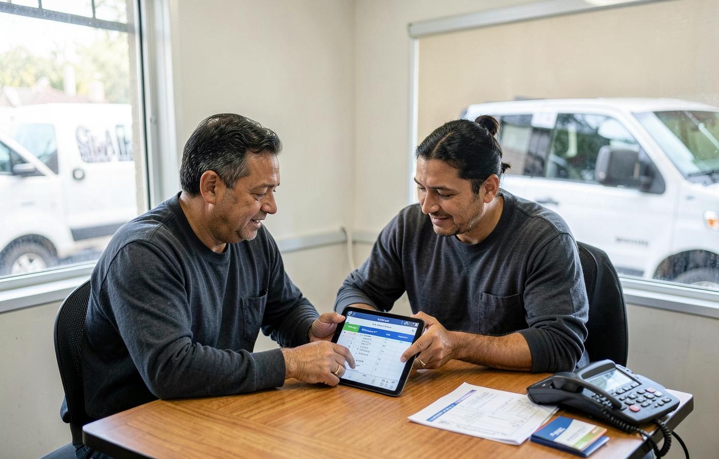 A plumbing business owner and consultant improving the appointment schedule together