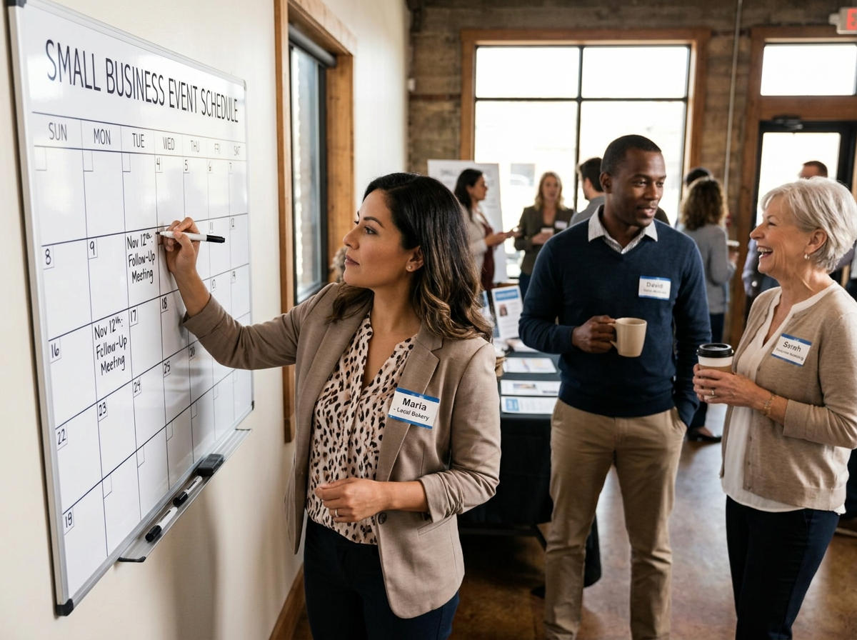 A small-business owner writing follow-up dates on a calendar at a local networking event