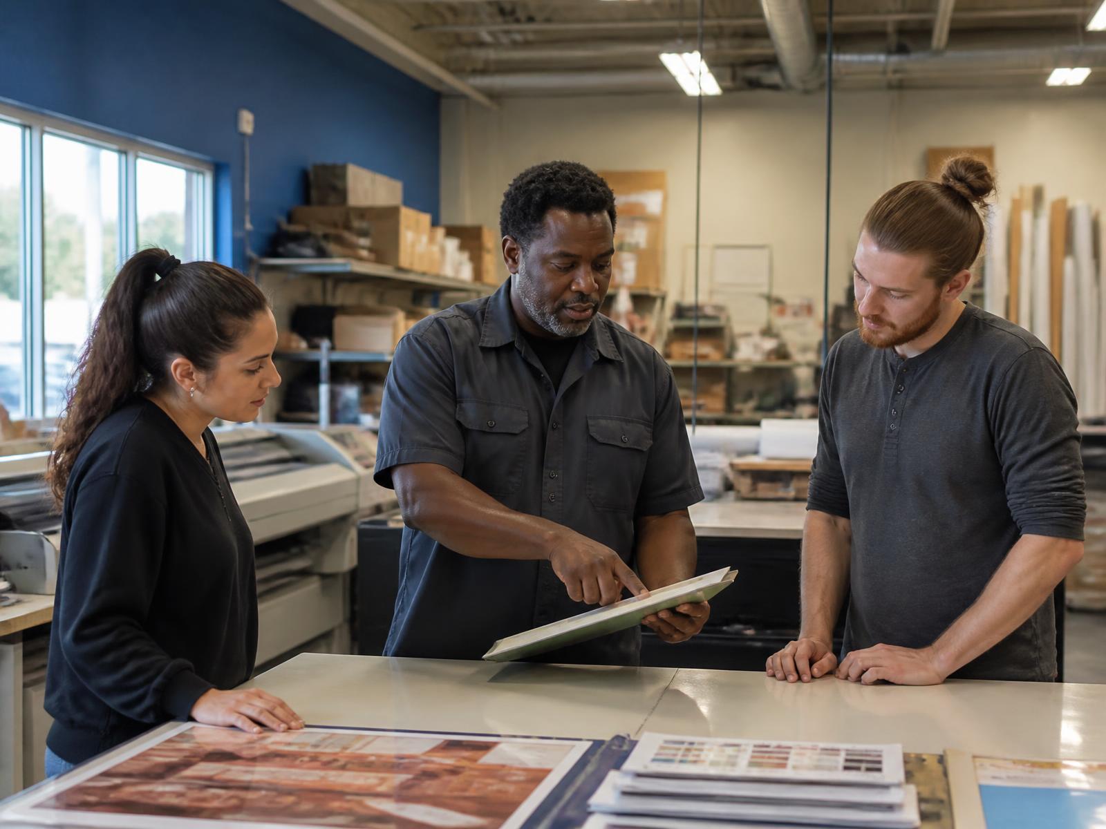 A print shop owner leading a workflow review with two team members